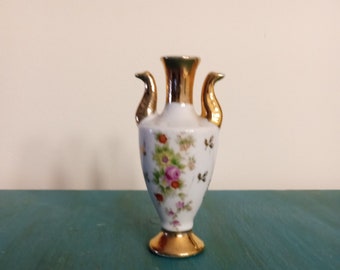 4 "Vintage Mini Blumen und Gold Porzellanvase.