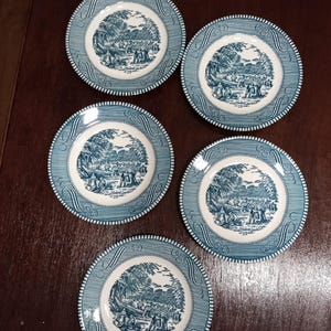 5 Currier and Ives Side plates blue and white