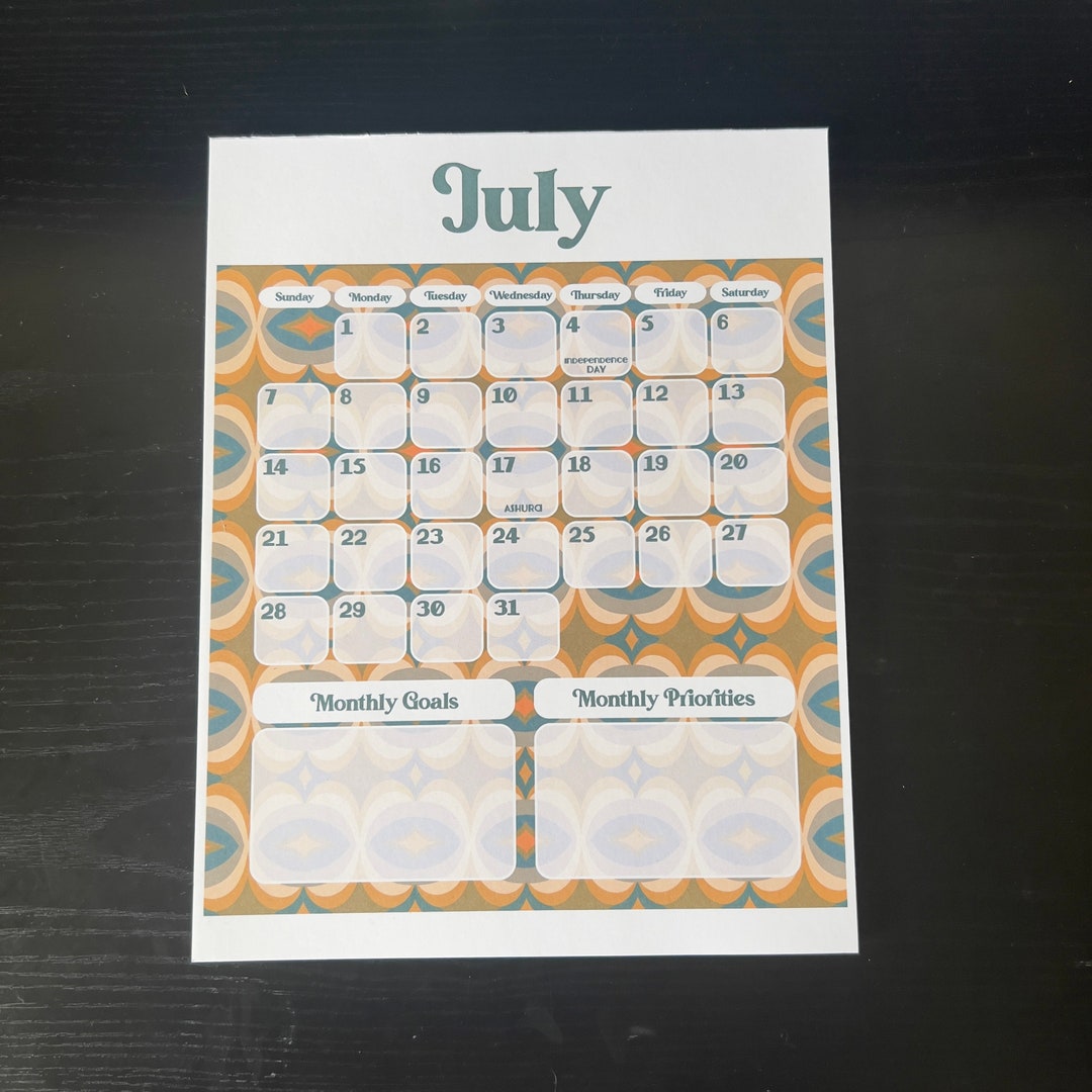 Letter Size Calendar for Wall or Desk - Retro Patterned Colorful ...