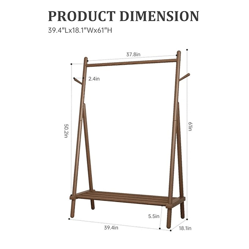 Solid Wood Garment Clothes Drying Rack with 6 Wooden Hangers, Space-Saving Design, Adjustable Shelf, and Wheels for Easy Mobility – Perfect for Bedroom, Living Room, or Entryway