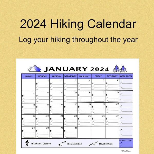 Hiking Calendar, Trail Logbook, Outdoor Digital Download, Printable Nature Fitness, Hiker Training