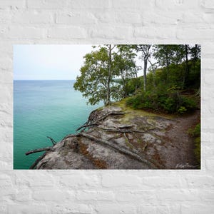 Pictured Rocks Prints, Northern Michigan Canvas Wall Art, Lake Superior Hiking Trail, Great Lakes Poster Forest Green
