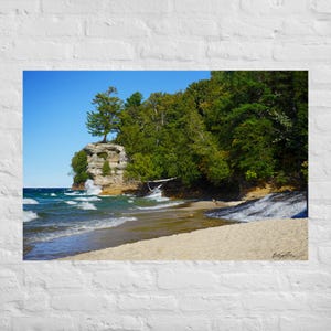 Pictured Rocks Poster Chapel Rocks, Great Lakes Photography, Lake Beach Coastal Decor