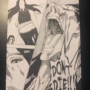 May include: Black and white manga-style illustration featuring three panels. One panel shows a person with long hair looking up. Another shows a person screaming with the text "DON'T DIE!!!". The third panel shows a close-up of an eye with the text "HEHE" and "LIKE A CHILD".