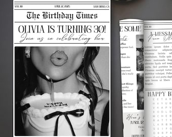 Modelo de jornal de aniversário editável, aniversário em jornal no Canva, convite grande com foto personalizável via Evite