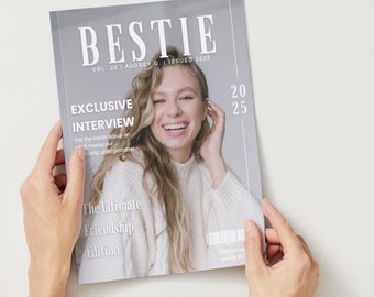 Modelo de revista de aniversário da Vogue, revista Bestie, páginas editáveis do Canva, capa de revista de presente de aniversário personalizada e personalizável