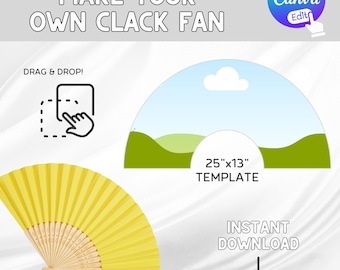 Modelo de leque de papel, modelo de leque chinês editável, leque para sublimação de festivais, moldura em arco imprimível faça você mesmo com recurso arrastar e soltar no Canva.