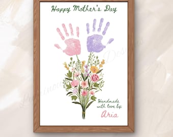 Artesanato para o Dia das Mães com Impressão de Mãos para Crianças, Buquê de Flores para Presente do Dia das Mães, Atividade Divertida de Faça Você Mesmo, Download Instantâneo, Impressão de Mãos e Pés com Flores