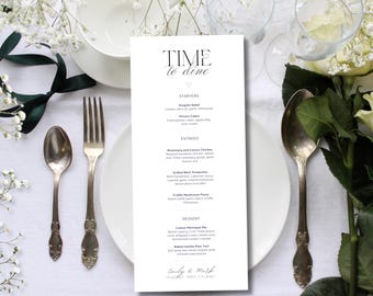 Modelo de menu de casamento, menu de bebidas e comidas simples, moderno e minimalista, Canva, cartão de menu alto para mesa de casamento editável e imprimível