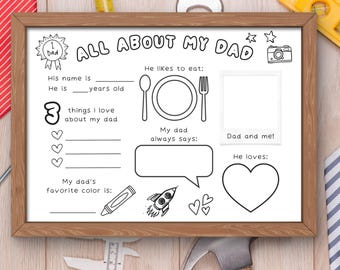 Father's Day Printable, All About My Dad, Fathers Day Gift, Card for Dad, Activity Page, Fathers Day Coloring Page, Fathers Day DIY Activity