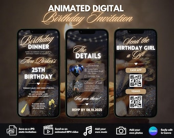 Modelo de convite editável para jantar de aniversário digital, convite em vídeo para festa de comemoração de aniversário, download instantâneo faça você mesmo, personalizável