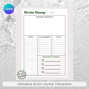 May include: A printable brain dump template with sections for random thoughts, tasks, things to remember, ideas, and decisions to make. The template has a green and white colour scheme and includes the text "Brain Dump" and "Editable Brain Dump Template".