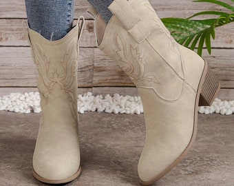 Chic Beige Embroidered Cowgirl Boots, Women's Western Fashion Footwear, Versatile Suede Ankle Boots with Stacked Heels