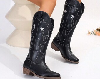 Star-Embellished Black Cowboy Boots for Women, Chic Tall Western Boots with Embroidery, Fashionable Street-Style Cowgirl Boots