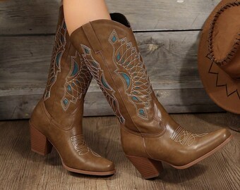 Embroidered Western Cowgirl Boots in Tan with Teal Accents, Stylish Mid-Calf Cowboy Boots for Women Gift for Her Mothers Day Gift