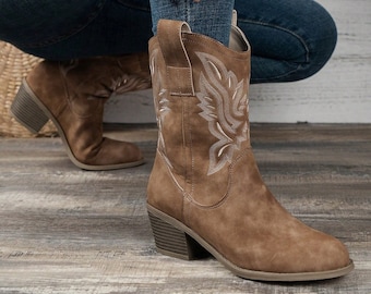 Stivali da cowgirl ricamati marrone chiaro rustico - Stivaletti alla caviglia in stile occidentale con tacchi grossi - Regalo per lei - Regalo per la festa della mamma