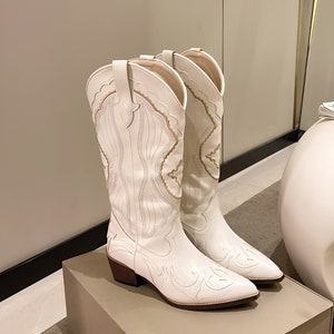 Ivory Western Cowboy Boots for Women - Embroidered Classic Cowgirl Boots with Chic Pointed Toe Design