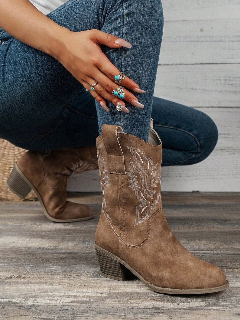 Rustic Tan Embroidered Cowgirl Boots Western Style Ankle Booties with Chunky Heels Gift for Her Mother's day gift image 1