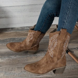 Rustic Tan Embroidered Cowgirl Boots Western Style Ankle Booties with Chunky Heels Gift for Her Mother's day gift image 2