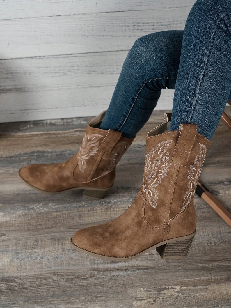 Rustic Tan Embroidered Cowgirl Boots Western Style Ankle Booties with Chunky Heels Gift for Her Mother's day gift image 2