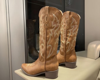 Stylish Tan Embroidered Western Boots for Women, Comfortable Cowgirl Boots with Elegant Stitching, Cowboy Eco Leather, Mother's day gift