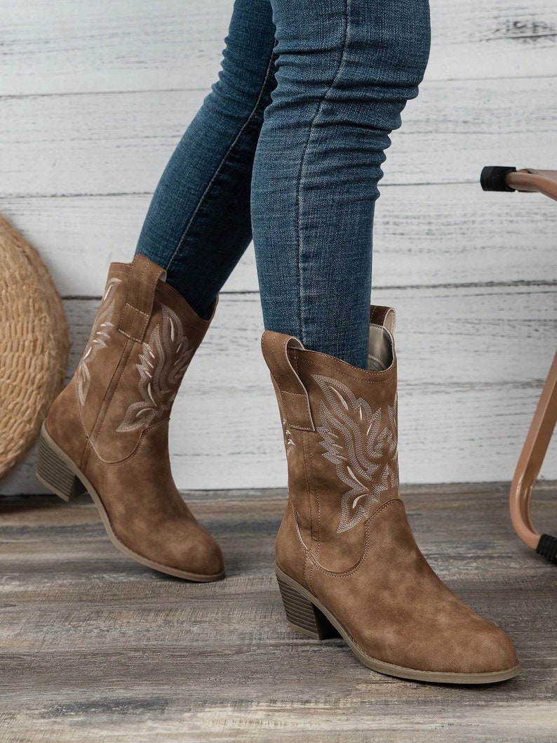 Rustic Tan Embroidered Cowgirl Boots Western Style Ankle Booties with Chunky Heels Gift for Her Mother's day gift image 4