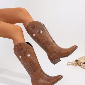 Embroidered Western Cowgirl Boots in Tan Eco Leather Women's Classic Knee-High Riding Boots with Stars and Leaf Patterns, Cowboy Stars Boots image 2