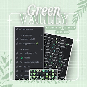 以下が含まれることがあります： 緑と白のカラーテーマのDiscordサーバーのデジタルイラスト。サーバー名は「Green Valley」で、25以上のチャンネル、65以上のロール、50以上の絵文字があります。サーバーは、「サポート」、「スタッフへの連絡」、「提案」、「情報」、「ようこそ」、「ルール」、「お知らせ」、「FAQ」、「Reso」、「イベント」など、さまざまなカテゴリを提供しています。