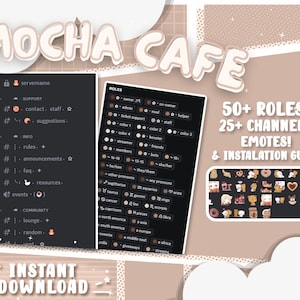 Mocha Cafe Discord Vorlage | 50+ Rollen 25+ Kanäle | Gemütlich, Kawaii, Niedlich, Ästhetisch | SOFORTIGER DOWNLOAD | Emotes enthalten