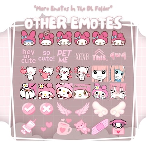 May include: A collection of pink and white digital emotes featuring various characters and symbols. The emotes include bears, bunnies, and other cute designs, with text like "hey ur cute!" and "PET ME".