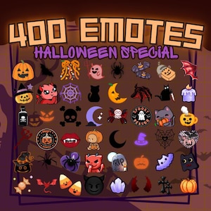 May include: A colourful grid of 400 Halloween-themed emojis, including pumpkins, ghosts, bats, spiders, and candy corn. The text "400 Emotes Halloween Special" is at the top of the image.