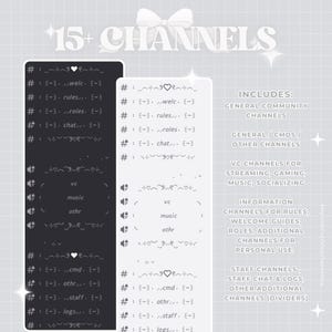Op de afbeelding: Een zwart-wit grafisch ontwerp dat een lijst met meer dan 15 Discord-serverkanalen toont. De kanalen zijn georganiseerd in categorie&euml;n: Algemene communitykanalen, Algemene/Cmds/Andere kanalen, VC-kanalen voor streaming, gamen, muziek, socializen, Informatiekanalen voor regels, welkomstgidsen, rollen, extra kanalen voor persoonlijk gebruik, personeelskanaal, personeel chat en logs, andere extra kanalen (scheidingstekens).