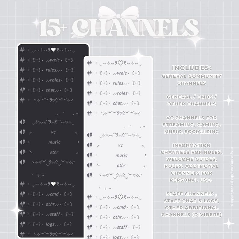 Op de afbeelding: Een zwart-wit grafisch ontwerp dat een lijst met meer dan 15 Discord-serverkanalen toont. De kanalen zijn georganiseerd in categorie&euml;n: Algemene communitykanalen, Algemene/Cmds/Andere kanalen, VC-kanalen voor streaming, gamen, muziek, socializen, Informatiekanalen voor regels, welkomstgidsen, rollen, extra kanalen voor persoonlijk gebruik, personeelskanaal, personeel chat en logs, andere extra kanalen (scheidingstekens).