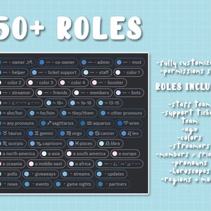 K&ouml;nnte beinhalten: Eine Grafik mit blauem Hintergrund und wei&szlig;em Text, der &uuml;ber 50 Discord-Serverrollen auflistet. Die Rollen umfassen das Personal, das Support-Ticket-Team, das Alter, die Farben, Streamer, Mitglieder, Freunde, Pronomen, Horoskope, Regionen und mehr.