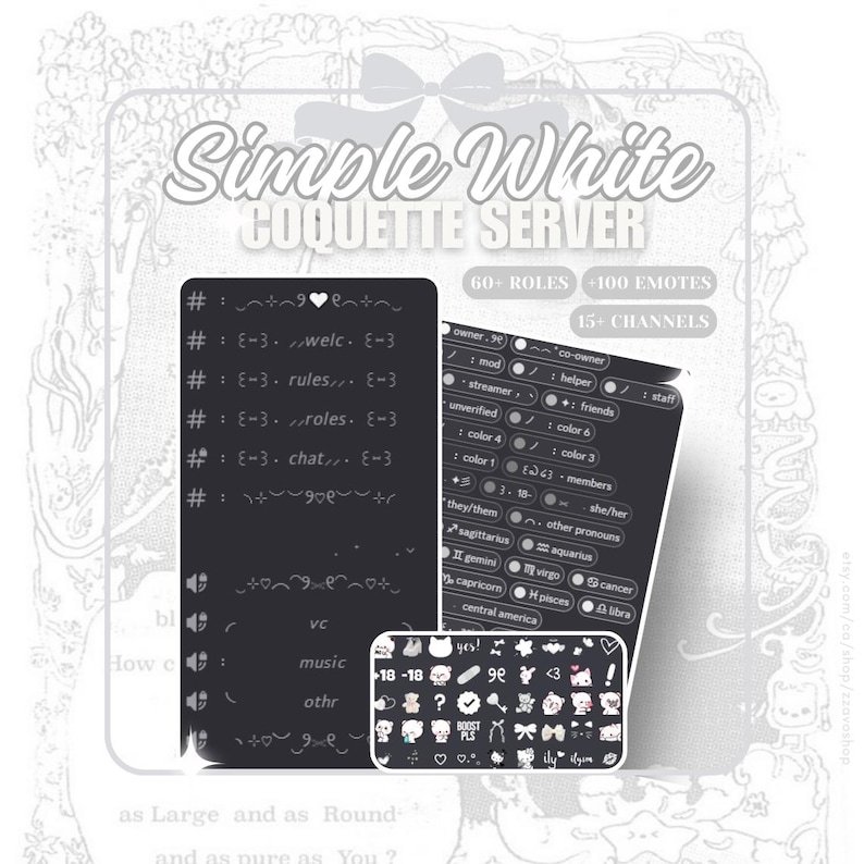 Op de afbeelding: Een zwart-witte afbeelding van een Discord-server met de tekst "Simple White Coquette Server" bovenaan. De server heeft meer dan 60 rollen, meer dan 100 emoji's en meer dan 15 kanalen. De afbeelding bevat ook een verscheidenheid aan emoji's, waaronder harten, sterren en vlinders.