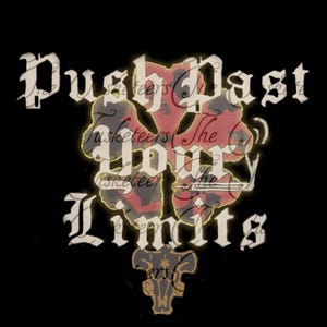 May include: Black background with the words "Push Past Your Limits" in a gothic font. A red and black clover design is in the center, with a gold outline. A black and gold emblem is at the bottom.