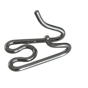 May include: A shiny, silver-colored metal puzzle with a unique, intertwined design. The puzzle features curved and looped sections, creating an intriguing shape. The metal has a smooth, reflective surface, and the overall design is abstract.