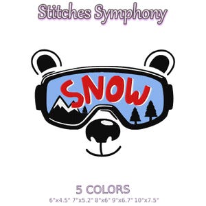 May include: A black and white illustration of a bear face wearing ski goggles with the word "SNOW" in red. The goggles have a light blue lens with a mountain and tree design. The text "Stitches Symphony" is at the top.