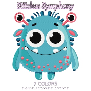 May include: A teal cartoon monster with large white eyes, a smiling mouth, and pink accents. The image includes the text "Stitches Symphony" and "7 COLORS" with size measurements in inches.