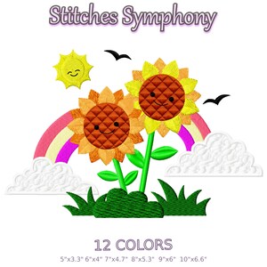 Peut inclure: Un motif de broderie intitulé Stitches Symphony avec deux tournesols souriants, un arc-en-ciel, un soleil jaune, des nuages blancs et des oiseaux noirs sur de l'herbe verte. Le texte 12 COLORS et les dimensions 5"x3.3", 6"x4", 7"x4.7", 8"x5.3", 9"x6", 10"x6.6" sont inclus.