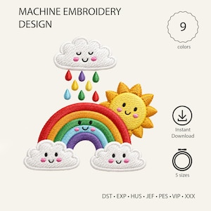 Puede incluir: Un diseño de bordado a máquina con una nube blanca con gotas de lluvia coloridas, un sol amarillo sonriente y un arcoíris sobre dos nubes blancas. El texto incluye: MACHINE EMBROIDERY DESIGN, 9 colors, Instant Download, 5 sizes, DST, EXP, HUS, JEF, PES, VIP, XXX.