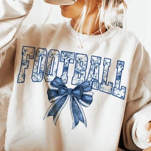 Football Floral Toile Blue Shirt, Football Coquette Bow T-Shirt, Football Bow Sweatshirt, Football Season Tee, Football Tshirt For Women