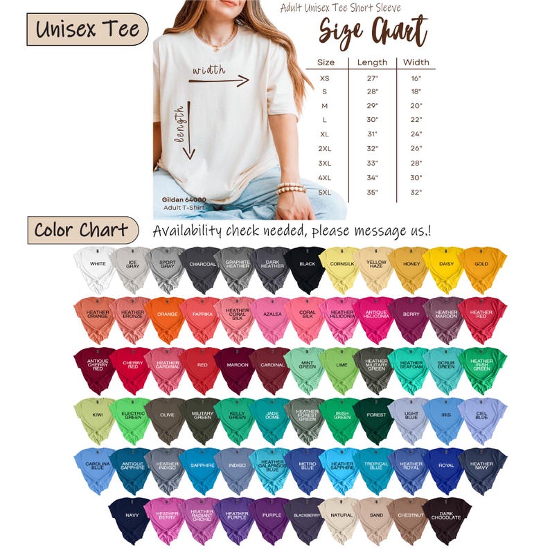 Pu&ograve; includere: Una maglietta unisex beige con una tabella delle taglie e una tabella dei colori. La tabella delle taglie elenca lunghezze e larghezze in pollici. La tabella dei colori mostra una variet&agrave; di colori di magliette, tra cui bianco, nero e rosso. Il testo sull'immagine include "Unisex Tee" e "Adult Unisex Tee Short Sleeve".