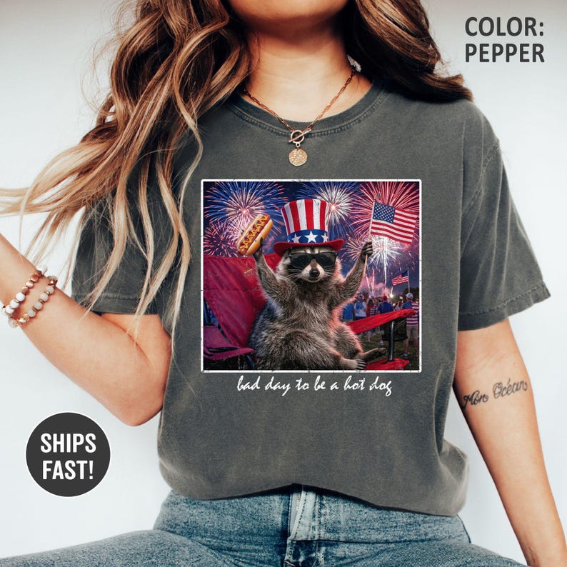 Camiseta divertida de mapache para el 4 de julio de Comfort Colors®, camiseta America 250, camiseta gráfica Bad Day To Be A Hot Dog, camiseta para fiesta de barbacoa patriótica imagen 4