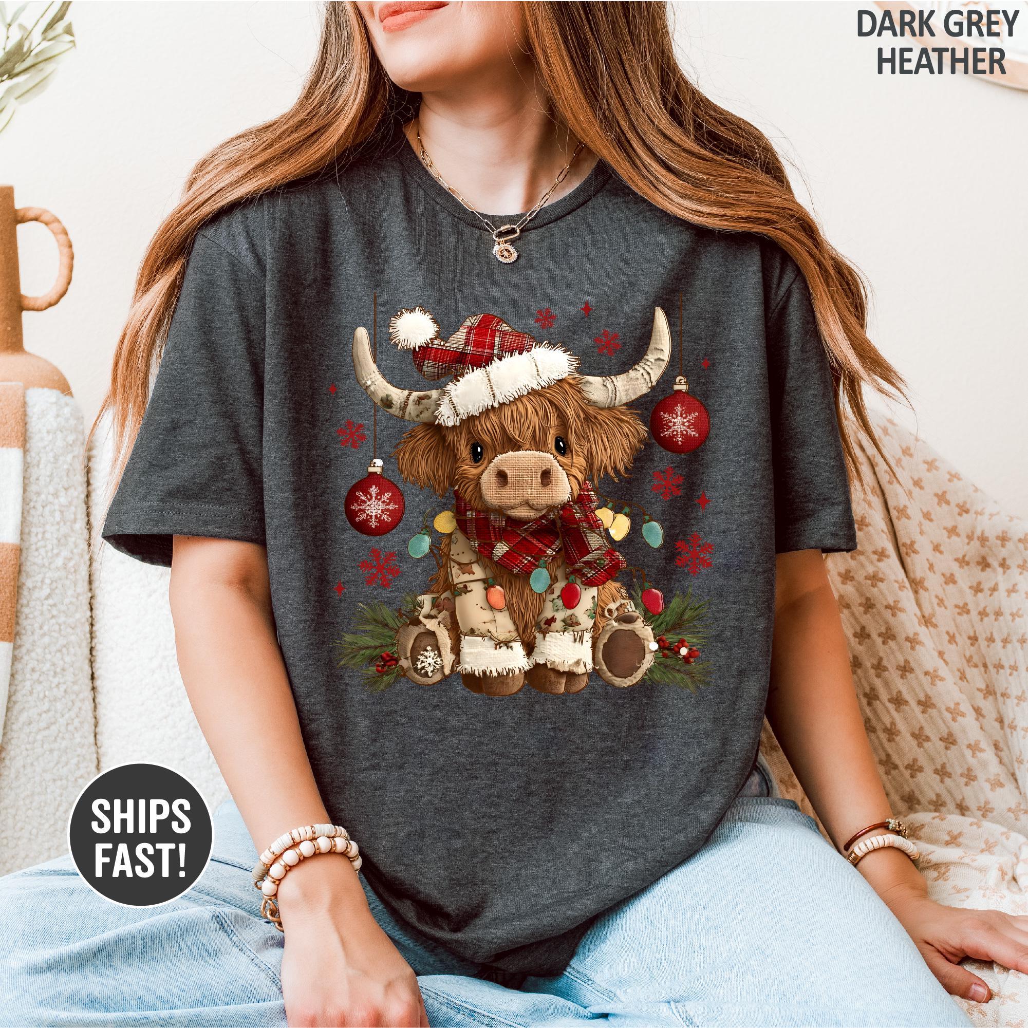 Christmas Cow Sweatshirt, Trendy Cute Highland Cow TShirt, Women Cow Lover Gift, Farmer Christmas Gift, Cow Xmas Holiday Tee