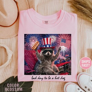 Puede incluir: Camiseta rosa claro con un dise&ntilde;o gr&aacute;fico de un mapache con gafas de sol y un sombrero patri&oacute;tico, sosteniendo un perrito caliente y una bandera estadounidense. El texto "bad day to be a hot dog" est&aacute; debajo.