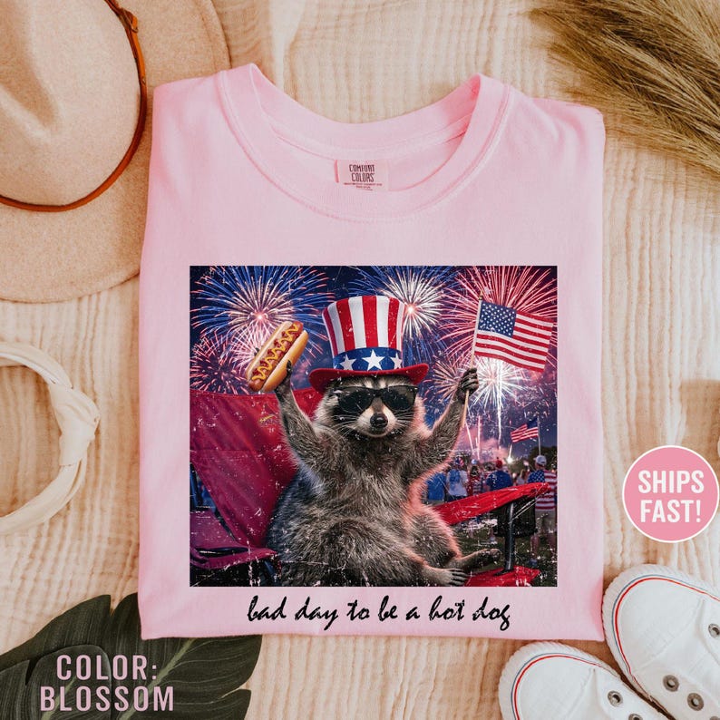 Puede incluir: Camiseta rosa claro con un dise&ntilde;o gr&aacute;fico de un mapache con gafas de sol y un sombrero patri&oacute;tico, sosteniendo un perrito caliente y una bandera estadounidense. El texto "bad day to be a hot dog" est&aacute; debajo.