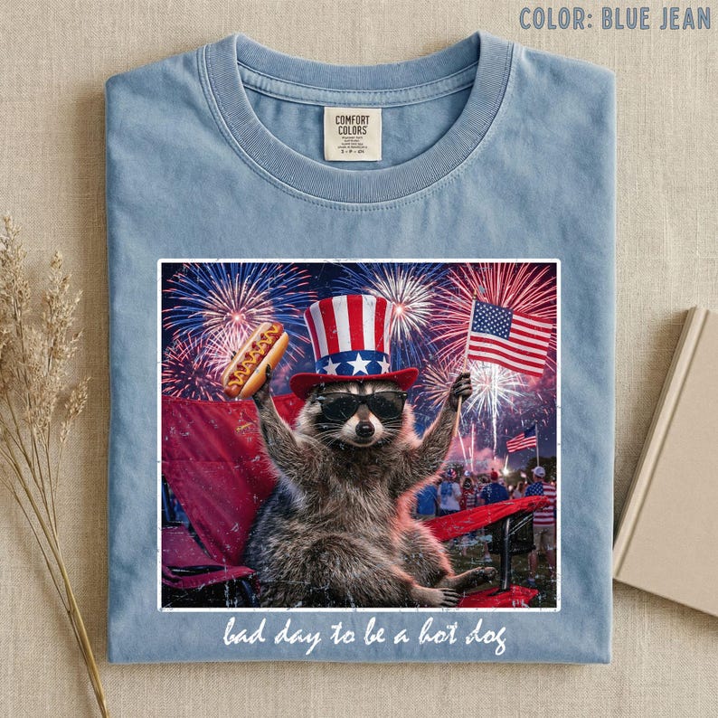 Camiseta divertida de mapache para el 4 de julio de Comfort Colors®, camiseta America 250, camiseta gráfica Bad Day To Be A Hot Dog, camiseta para fiesta de barbacoa patriótica imagen 1