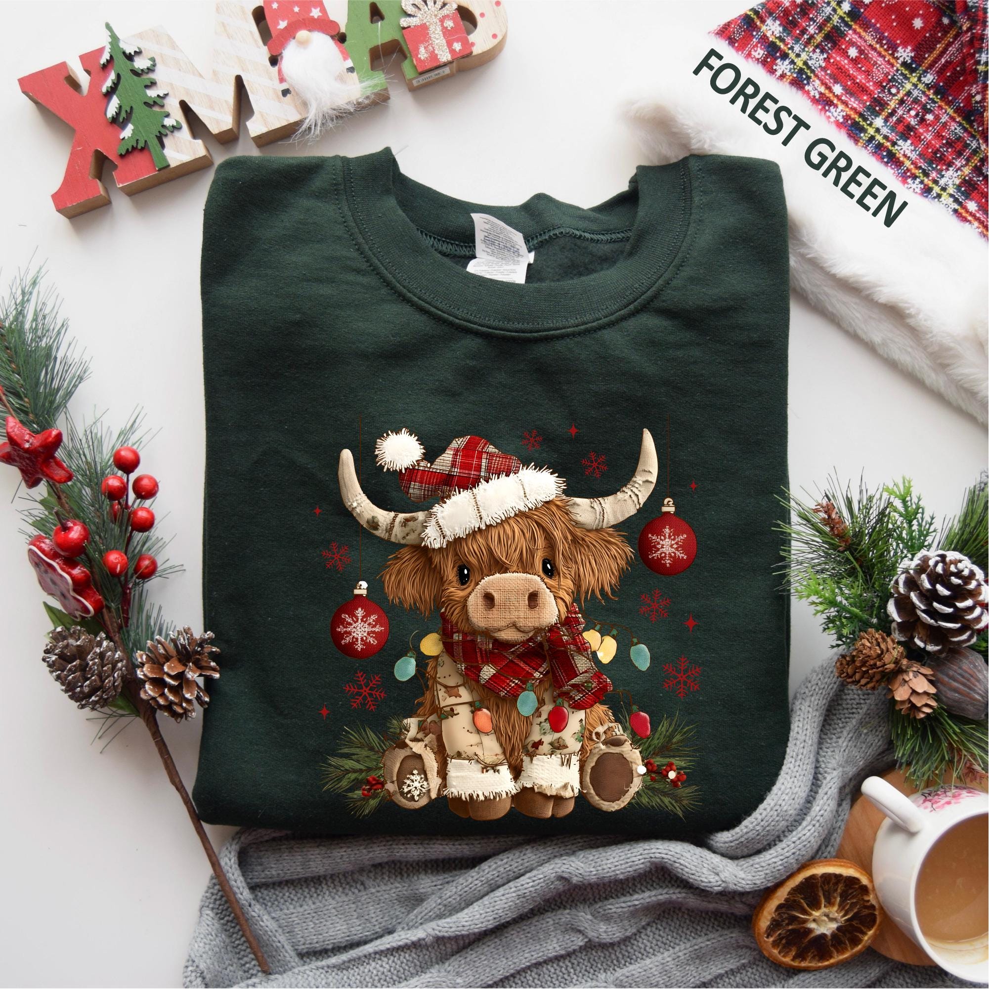 Christmas Cow Sweatshirt, Trendy Cute Highland Cow TShirt, Women Cow Lover Gift, Farmer Christmas Gift, Cow Xmas Holiday Tee