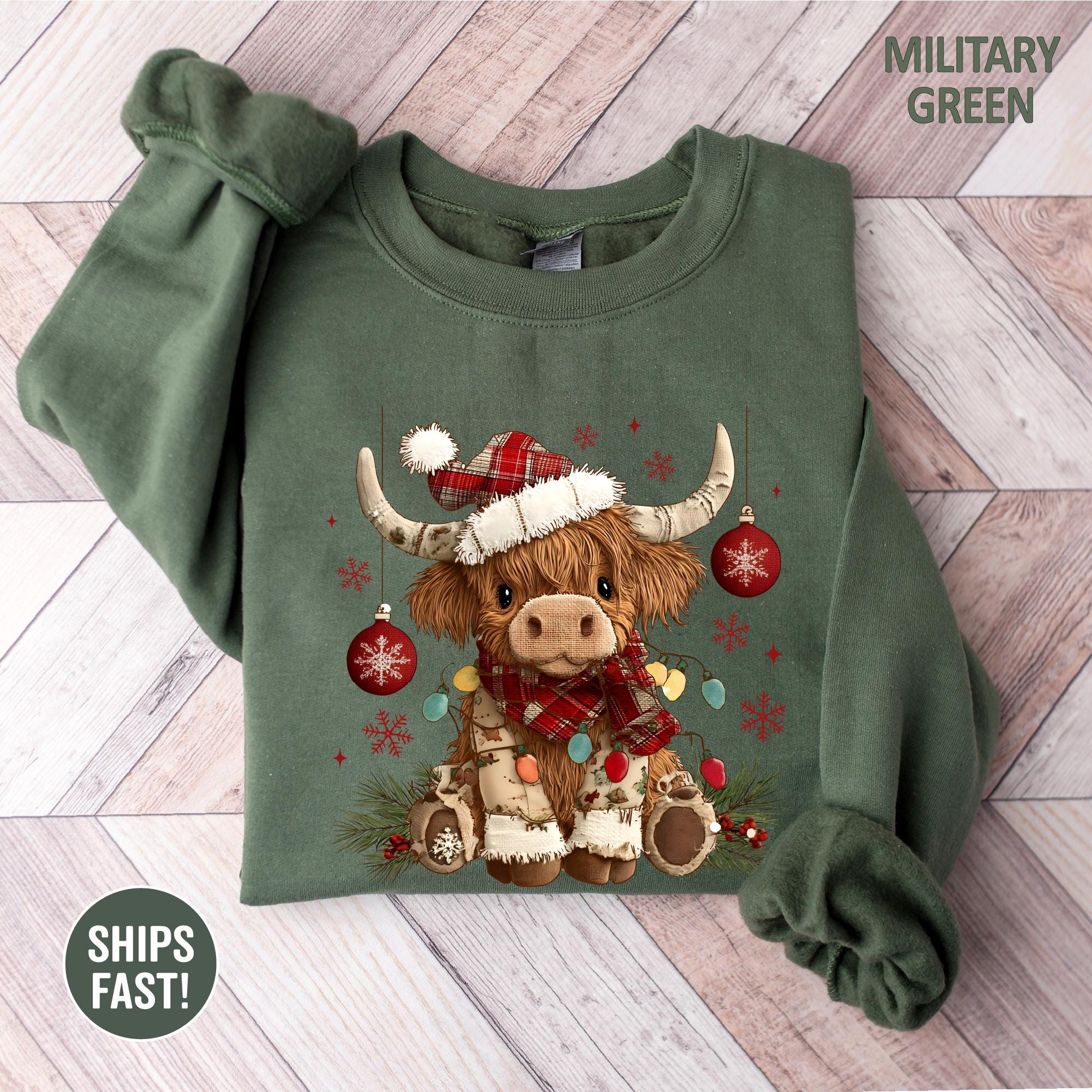 Christmas Cow Sweatshirt, Trendy Cute Highland Cow TShirt, Women Cow Lover Gift, Farmer Christmas Gift, Cow Xmas Holiday Tee